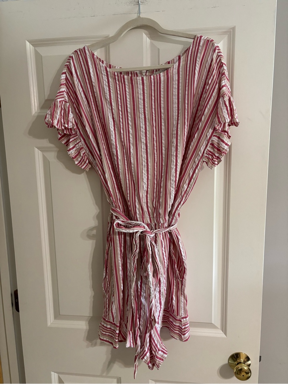 LOFT Red & Cream Striped Tie-Waist Romper with pockets